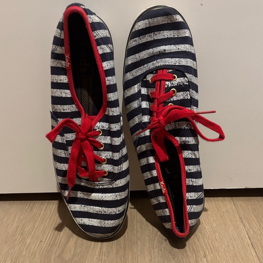 Keds Navy and White Striped Sneakers with Red Laces